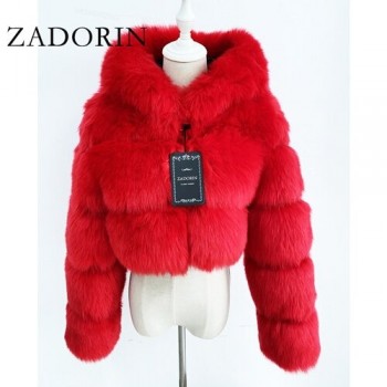 ZADORIN High Quality Furry Cropped Faux Fur Coats and Jackets Women Fluffy Top Coat with Hooded Winter Fur Jacket manteau femme